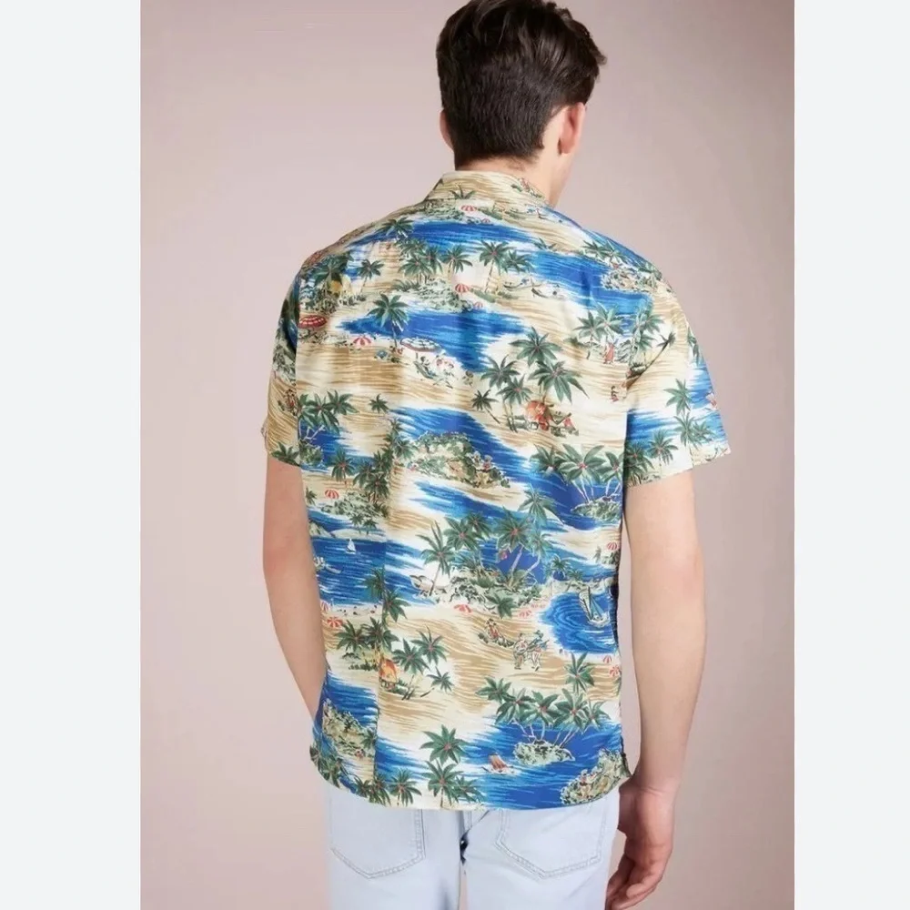 J.Crew Camp Collar Printed Slub Cotton Shirt Button Down in Blue Size Large